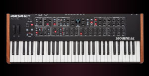 The top panel of the Sequential Prophet Rev2 polyphonic analog synthesizer.