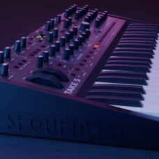 A side view of the Sequential Take 5 polyphonic analog synthesizer
