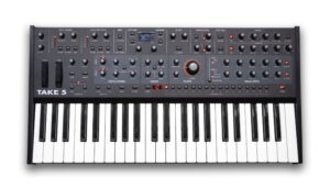 The top panel of the Sequential Take 5 polyphonic analog synthesizer.