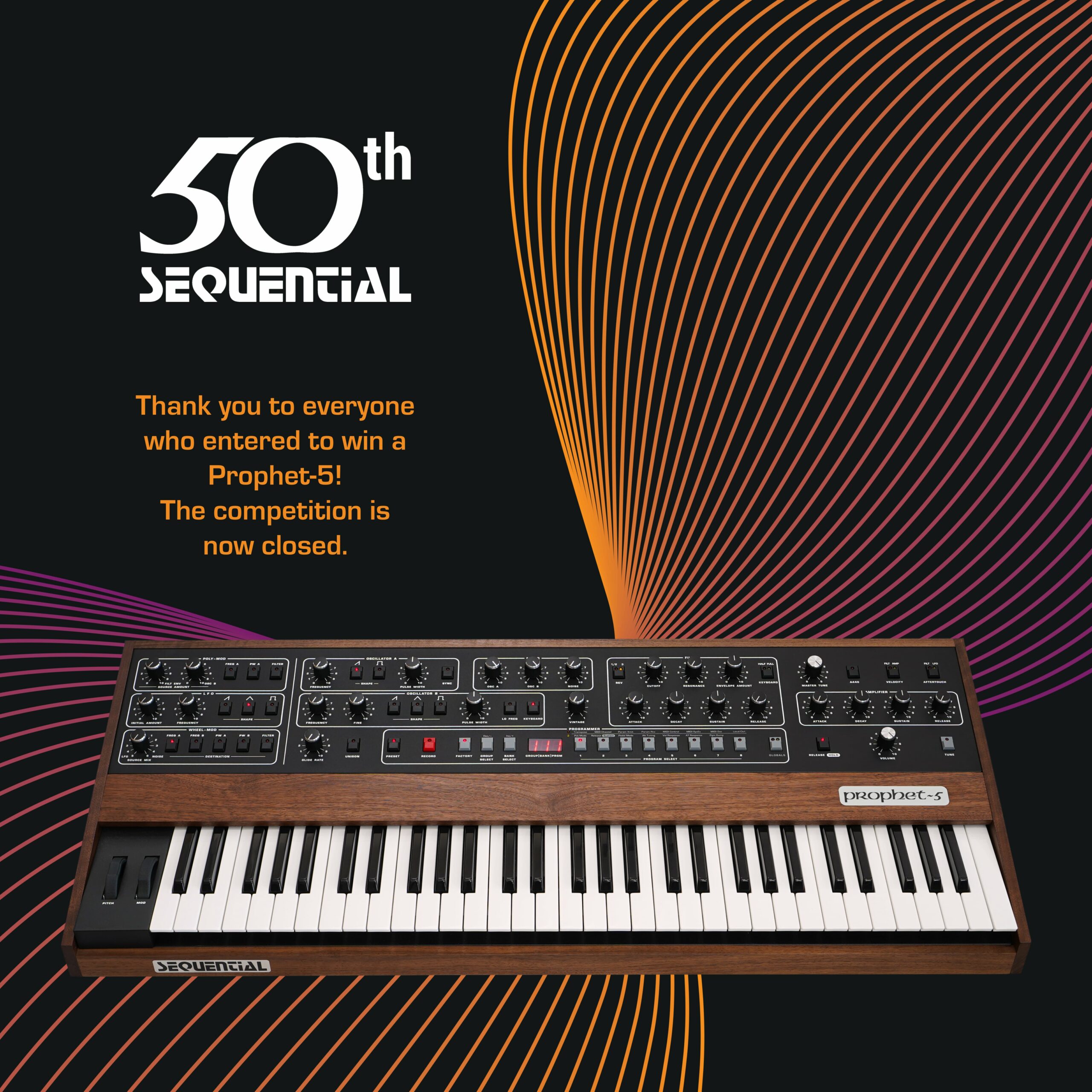 A Prophet-5 keyboard synthesizer with artistic sound waves radiating from it. "50 years of Sequential" logo above it.